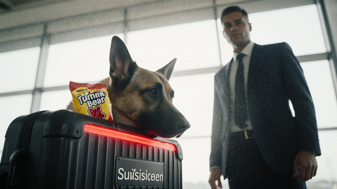 Ein deutscher Zollhund schnüffelt an einem Koffer mit versteckten Gummibärchen.