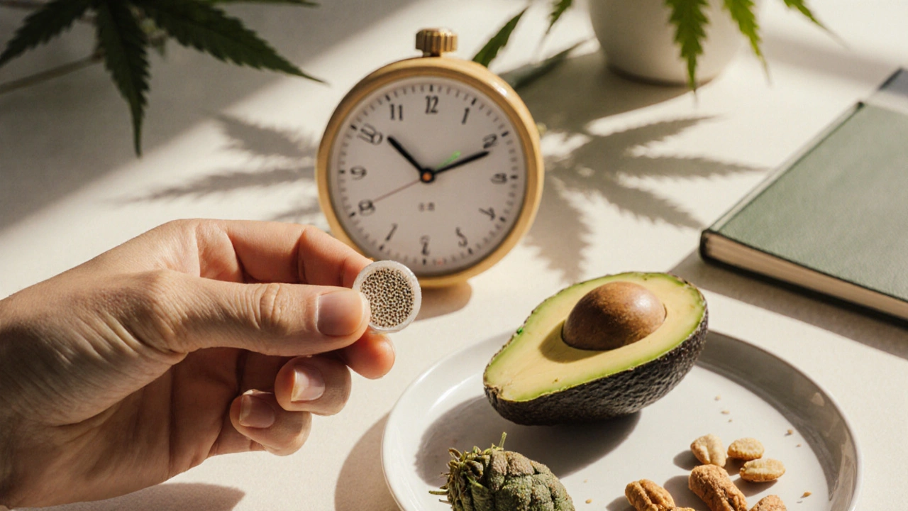 Ein Reiskorn neben einer Hanfbloüte, Avocado und Uhr zeigen die richtige Dosis und Zeit.