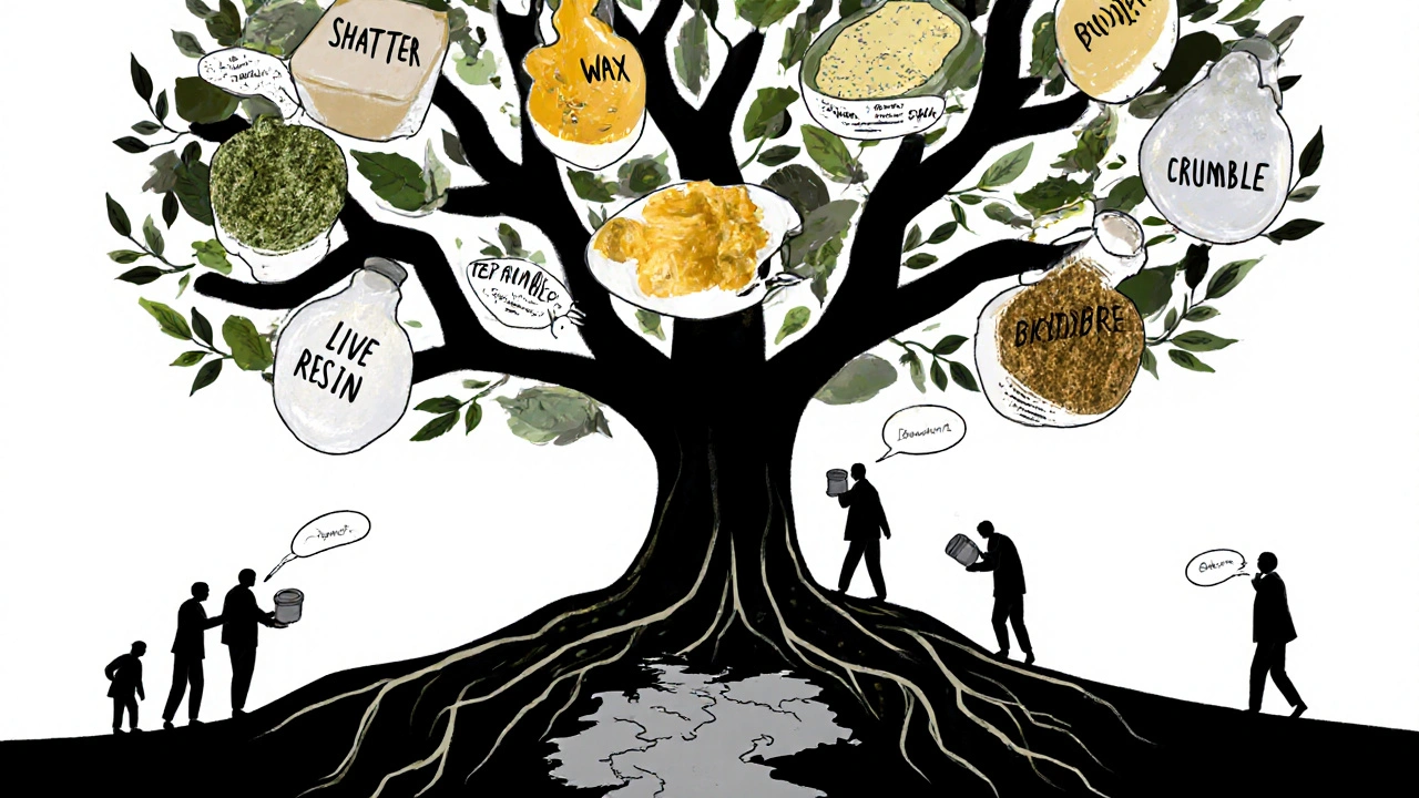 Ein symbolischer Baum mit Ästen für verschiedene Cannabis-Konzentrat-Arten, wurzelt in einem rechtlichen Graubereich, umgeben von schattenhaften Figuren.