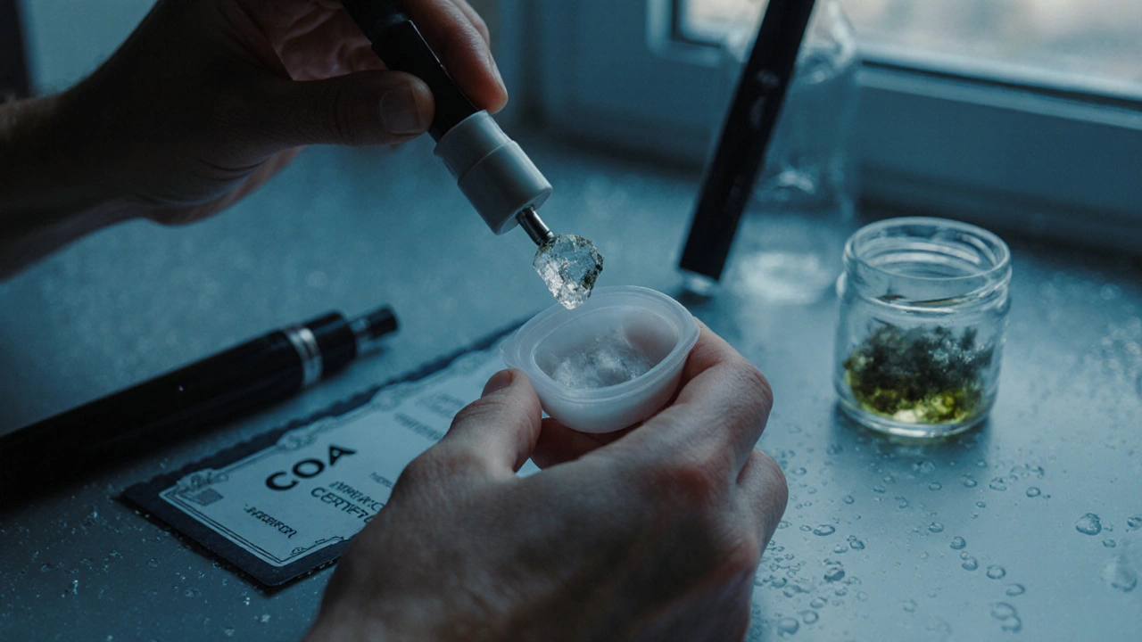Eine Hand hebt ein Reiskorn-großes Stück Shatter mit einer keramischen Dab-Nadel auf, umgeben von Laborutensilien und Glasbehältern.