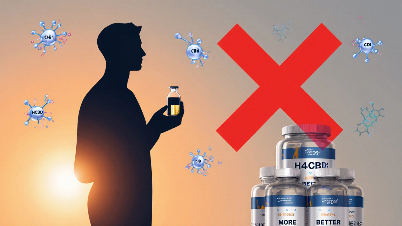 Eine menschliche Silhouette hält eine kleine H4CBD-Flasche, während molekulare Strukturen sanft an Rezeptoren binden – ein großes rotes X bedeckt eine Stapelung von Flaschen mit &#039;Mehr = Besser&#039;.