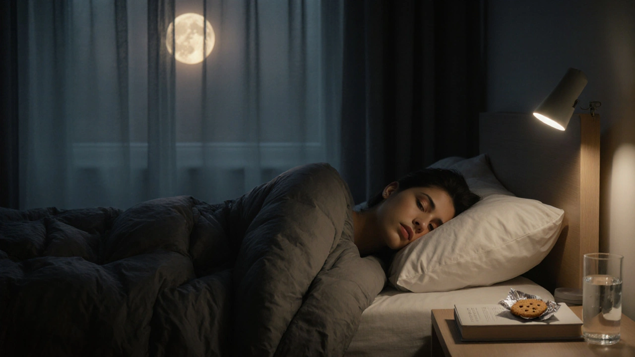 Eine Person schläft friedlich im Bett, neben ihr liegt eine leere Verpackung eines Cannabis-Cookies im Mondlicht.