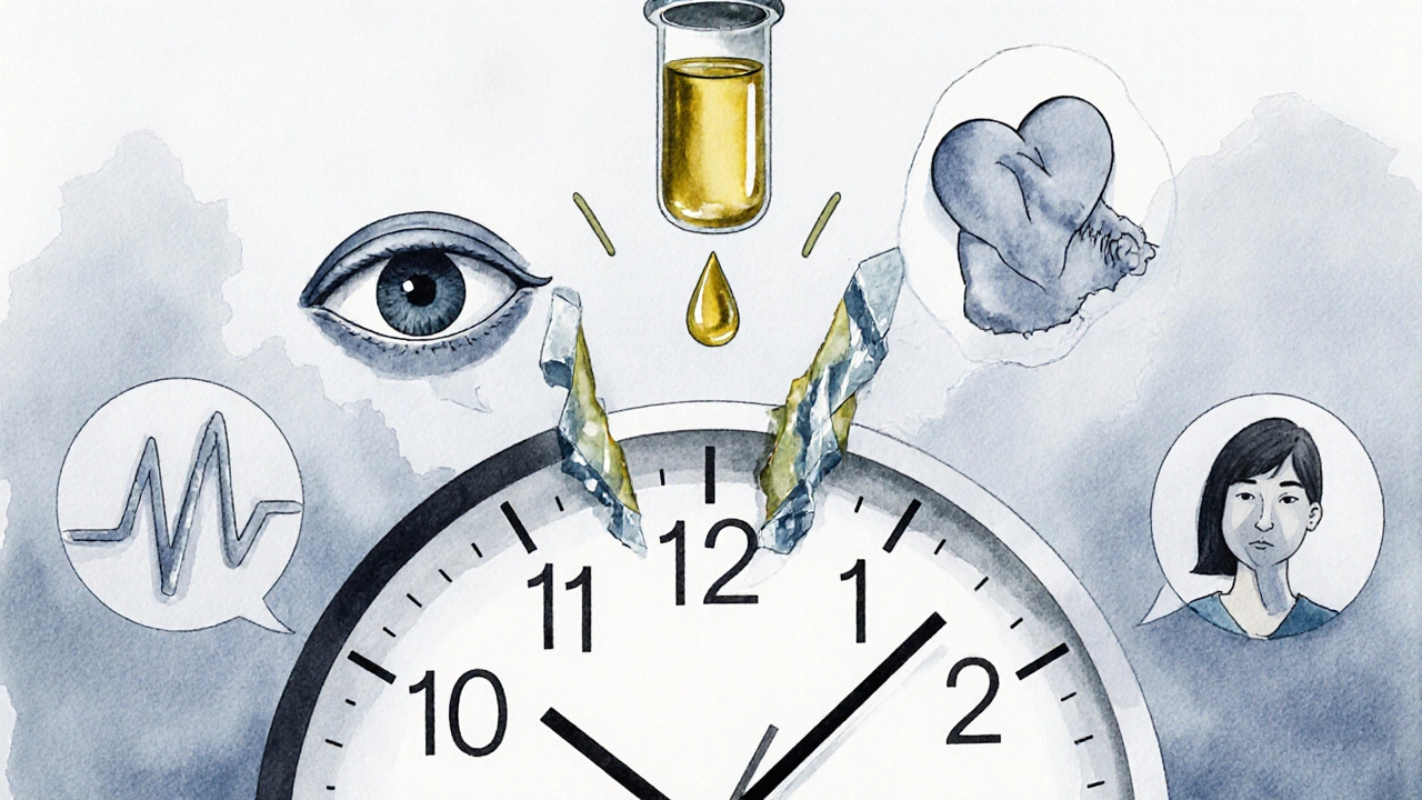 Eine Uhr mit optimaler Dosis bei 15-25 mg, umgeben von Symbolen für Ruhe und Wohlbefinden; jenseits davon bricht die Uhr und gibt Unwohlsein frei.