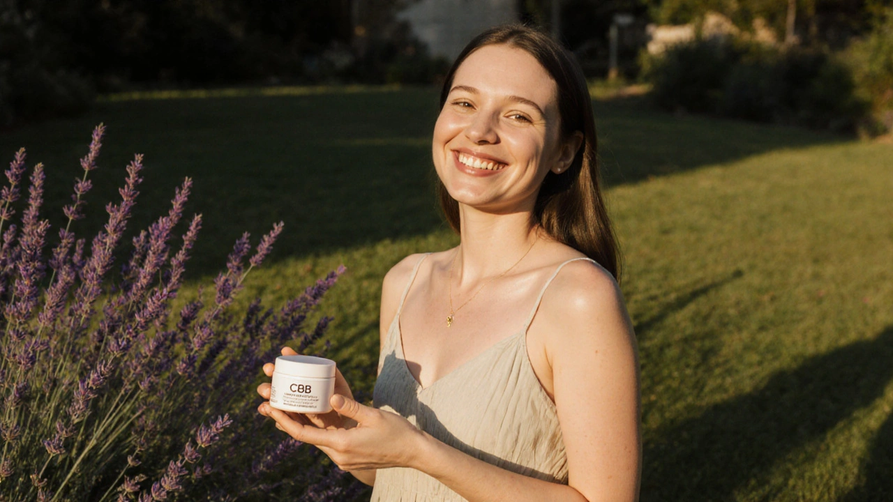 Frau im Garten mit klarer Haut und CBG-Creme, vermittelt Selbstvertrauen und innere Ruhe.
