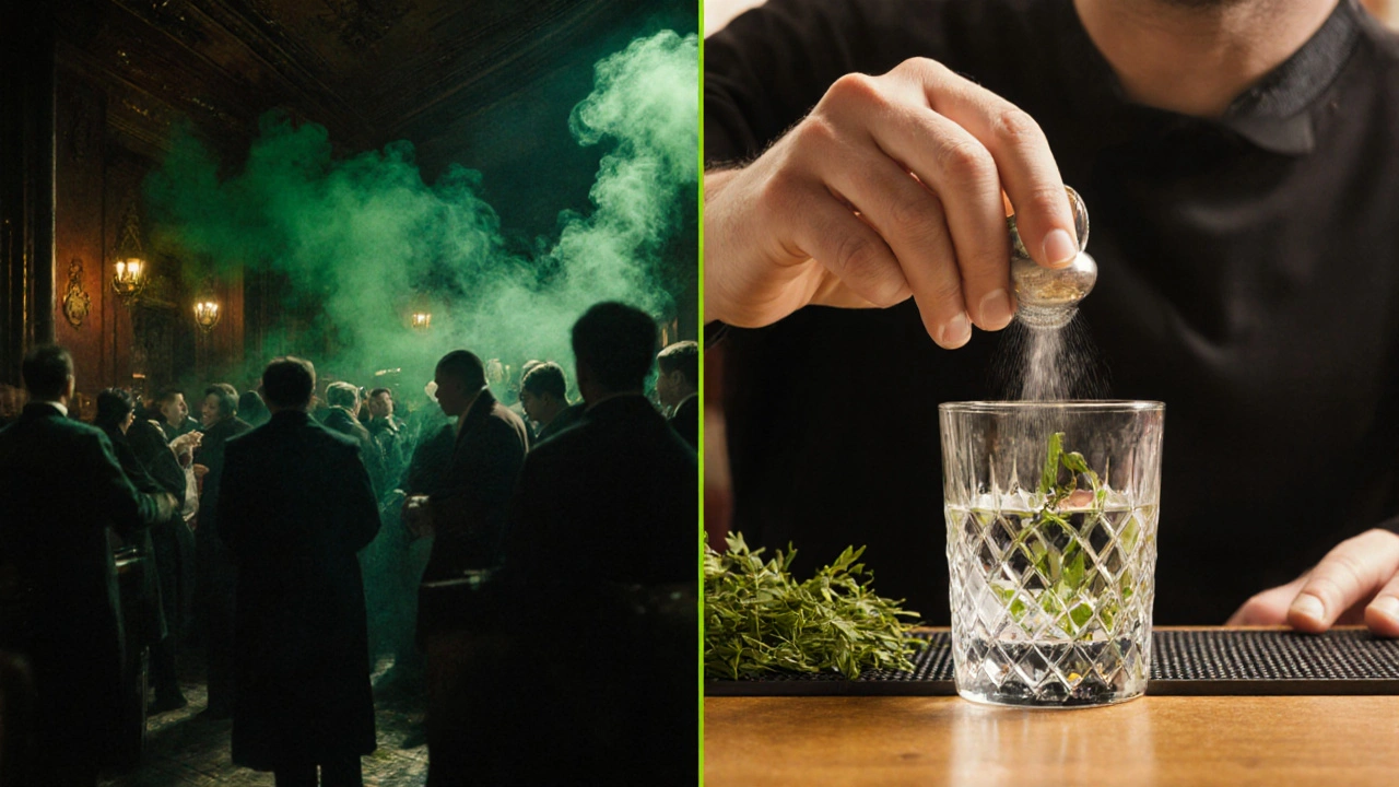 Gegensatz zwischen historischem Mythos und moderner, echter Absinth-Produktion in den USA.