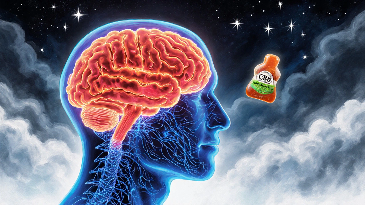 Gehirn mit aufgelösten Gedankenwellen, eine CBD-Gummi hält mentale Unruhe zurück.