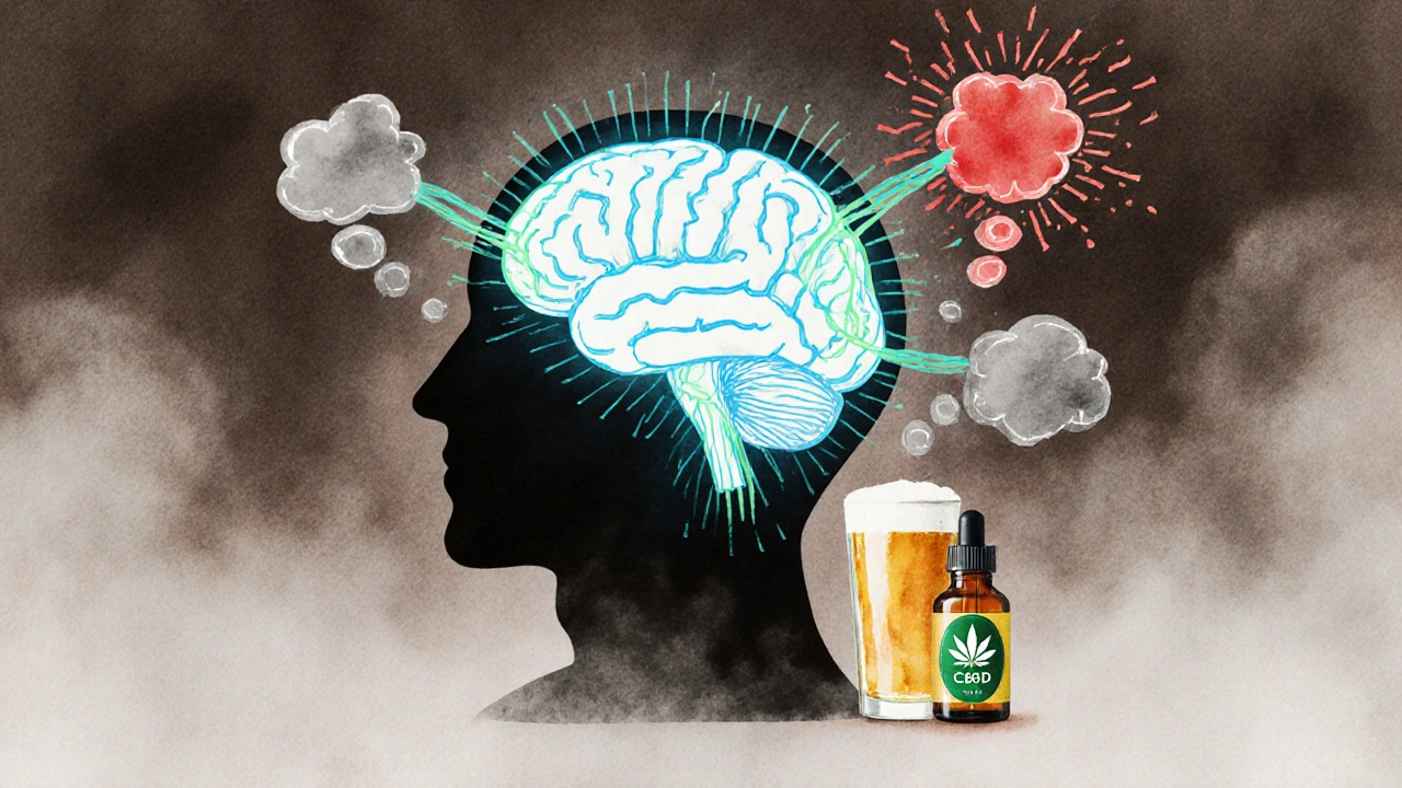 Gehirn mit beruhigten Nervenwegen, verbunden mit CBD-Bier-Flasche.