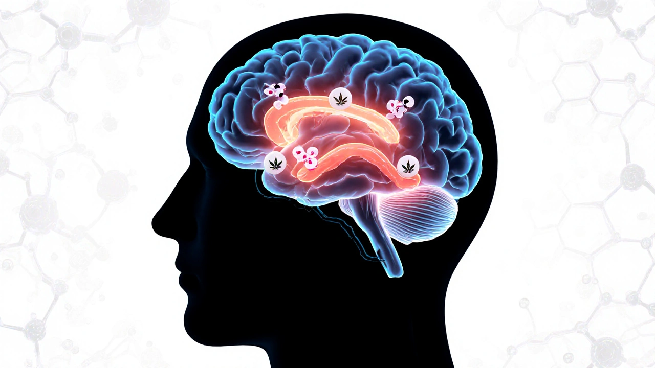 Gehirn-Schnittbild mit CBD-Molekülen, die an Angstzentren binden und Stresshormone reduzieren.