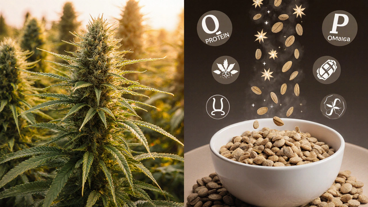 Gesplittete Darstellung: Hanfpflanze mit Blüten links, Hanfkerne in Müslischüssel rechts