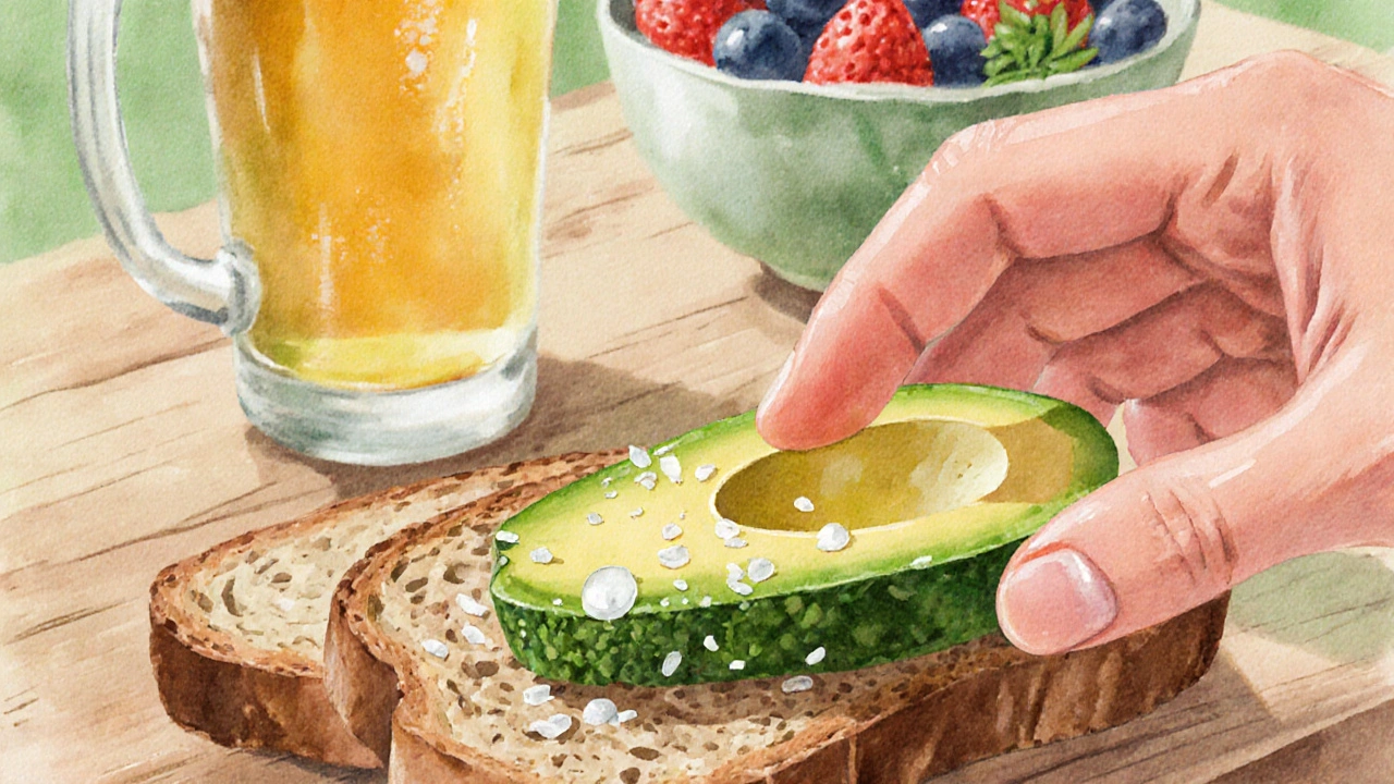 Hand, die Avocado auf Vollkornbrot verteilt, mit Zitrone und Meersalz, daneben Beeren und Cannabis-Bier.
