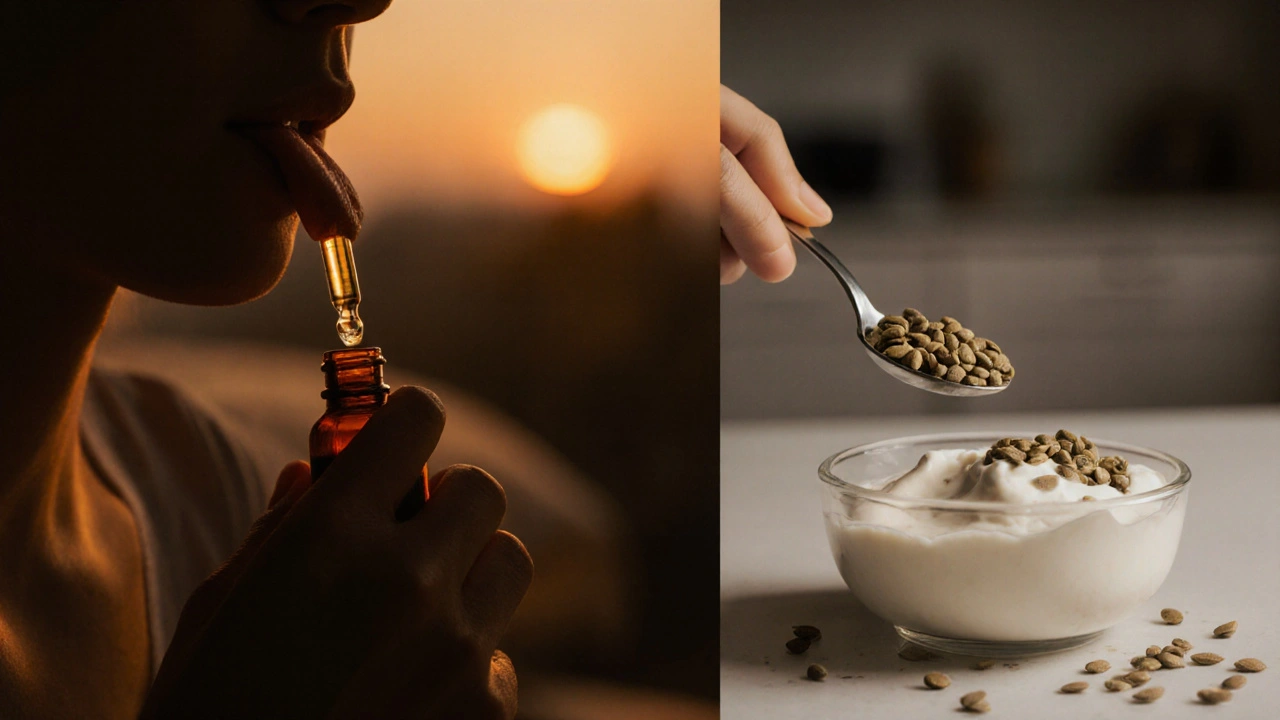 Hand mit CBD-Tropfen unter der Zunge, daneben Löffel mit Hanfkerne im Joghurt