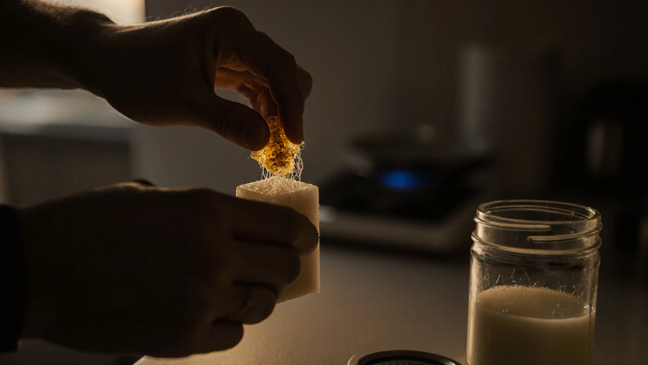 Hände brechen ein Stück CBD-Hash ab, neben Kokosöl und Waage