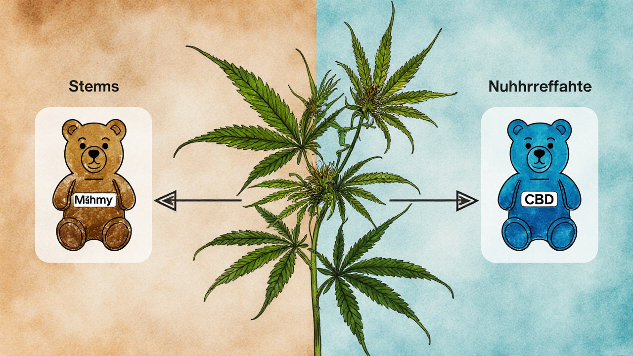 Hanfpflanze mit Pfeilen, die Samen zu Nährstoffen und Blüten zu CBD führen, in wissenschaftlichem Stil.