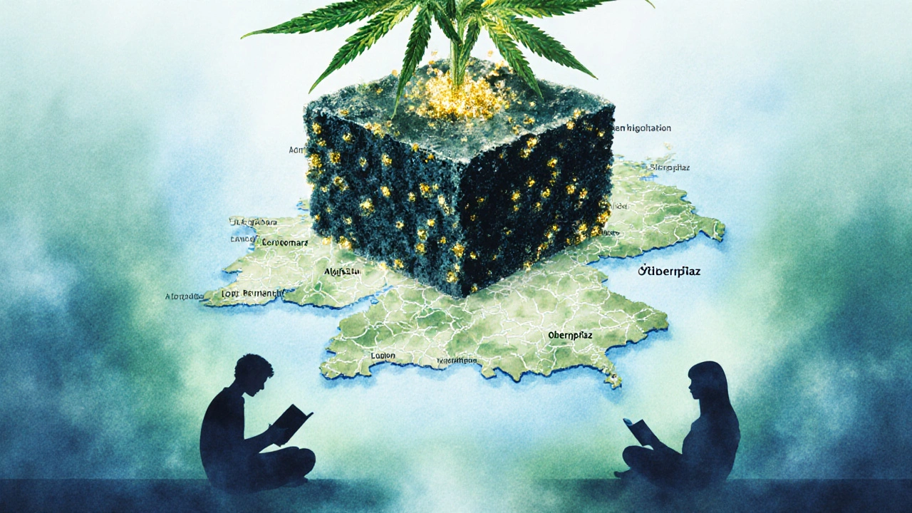 Hemp-Pflanze mit goldenen Trichomen, die sich in Hash verwandeln, über Deutschland