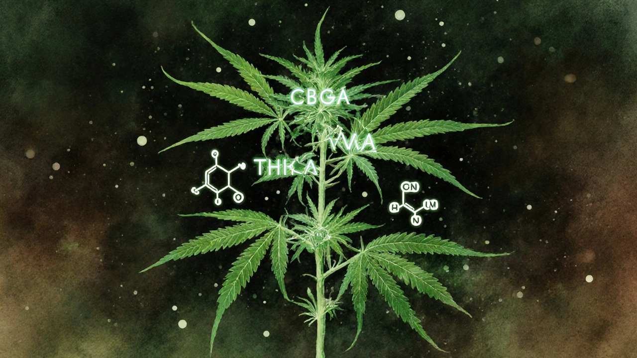 Künstlerische Darstellung der natürlichen Biosynthese von THCVA in einer Hanfpflanze.