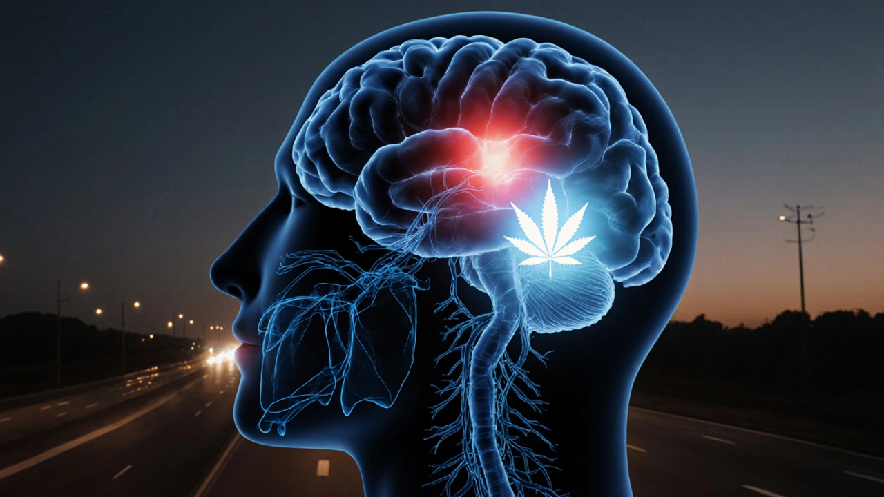 Künstlerische Darstellung des Gehirns mit CBD, das die Angstzentrale beruhigt, Hintergrund Autobahn bei Nacht.