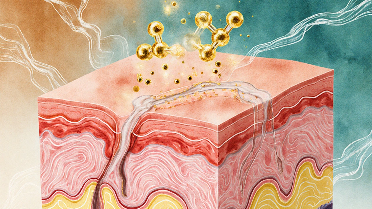 Künstlerische Darstellung von CBG-Molekülen, die die Hautbarriere reparieren und Entzündungen beruhigen.