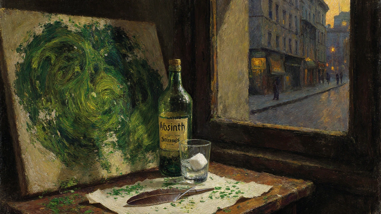 Künstlerstudio im 19. Jahrhundert mit Absinthglas, leeren Flaschen und bemalten Leinwänden.