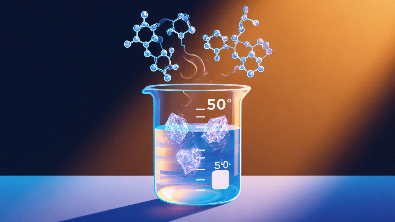 Laboratory scene showing CBD molecules organizing into crystals during slow cooling.