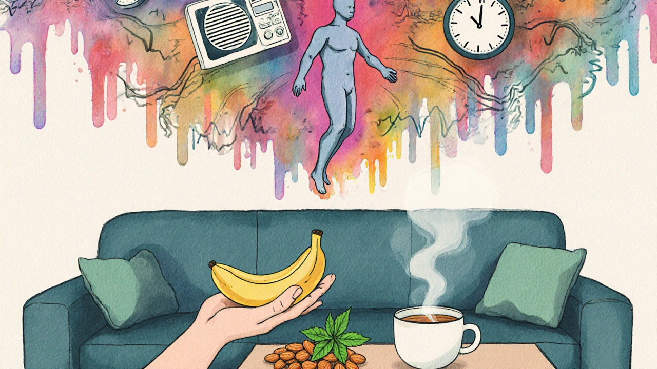 Mensch schwebt über einer Couch, umgeben von verzerrten Traumelementen, während Banane und Tee ruhig auf dem Tisch liegen