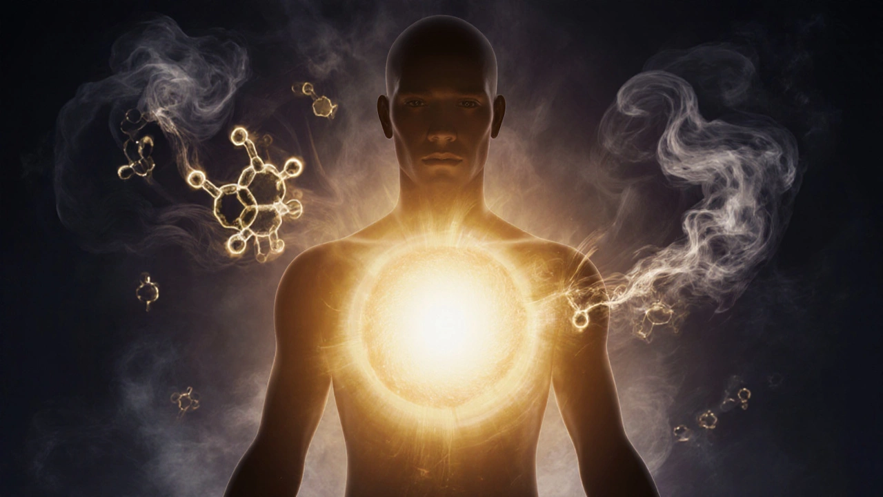 Menschliche Silhouette mit goldenem Lichtstrahl, symbolisiert tiefe Entspannung durch CBD-Wachs.