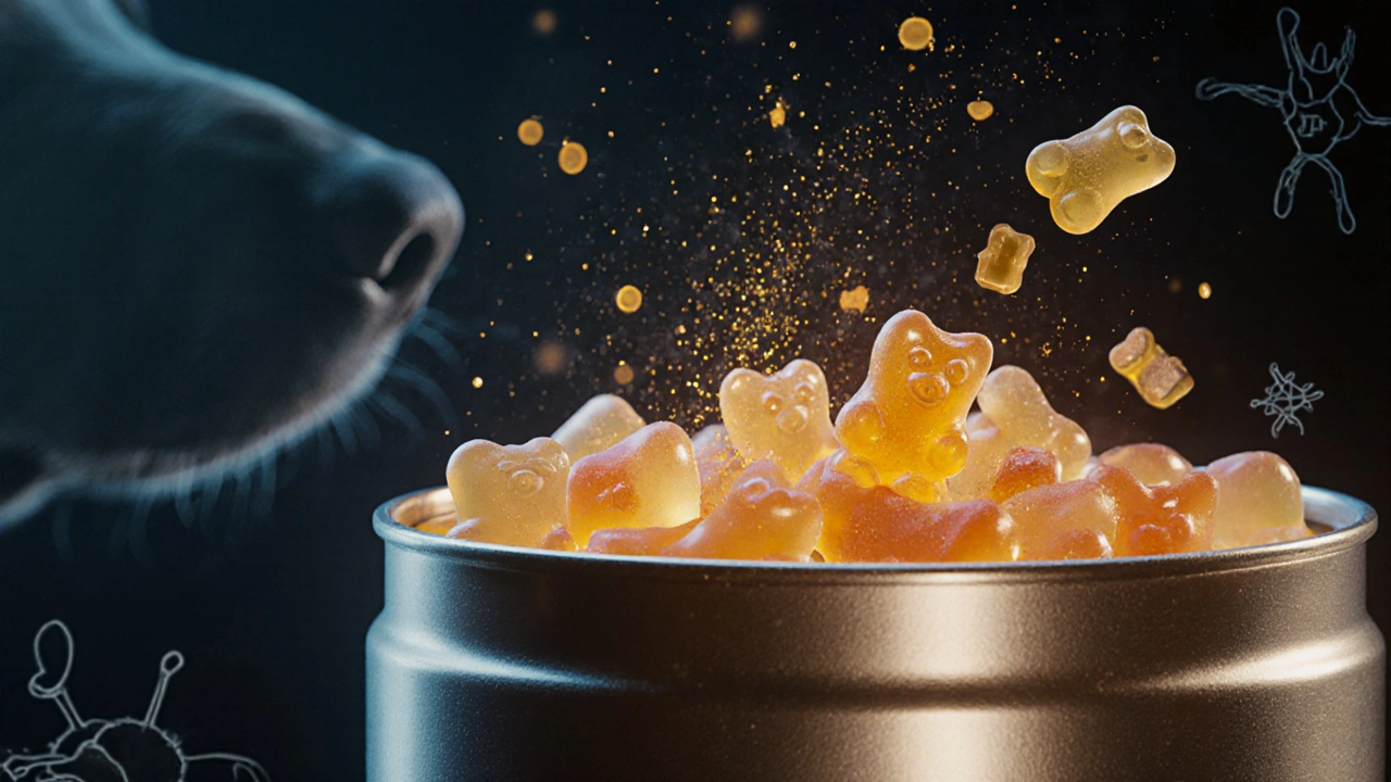 Mikroskopische THC-Moleküle entweichen aus einem Metallbehälter mit Gummibärchen.