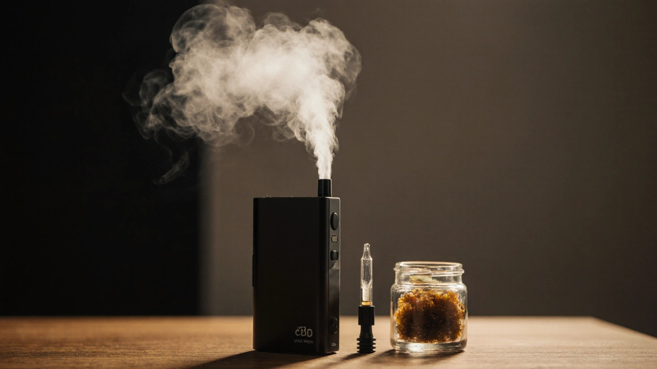 Modernes Vaporizer-Gerät mit feinem Dampf, daneben ein Glasbehälter mit CBD-Wachs auf Holzoberfläche.