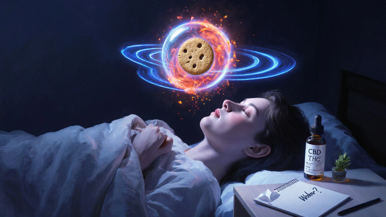 Person liegt im Bett, CBD-Molekül löst THC-Energie in blauen Wellen auf, nebenan stehen Cookie-Verpackung und Notizbuch
