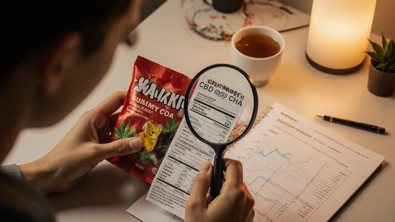 Person liest Zutatenliste eines Gummibärchens unter einer Lupe, Laborbericht in der Hand.