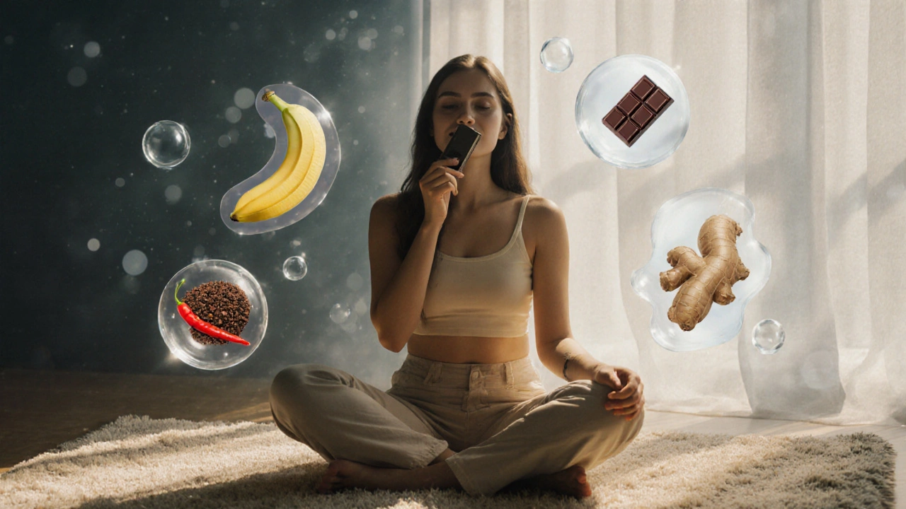 Person mit dunkler Schokolade in ruhiger Pose, umgeben von schwebenden, symbolischen Zutaten wie Ingwer und Banane.