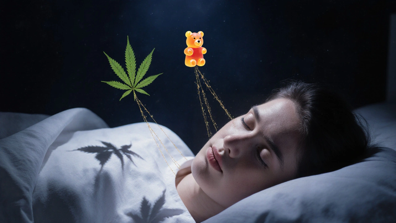 Person schläft friedlich, goldenen Fäden verbinden Körper mit CBD-Gummibärchen und Hanfblatt.