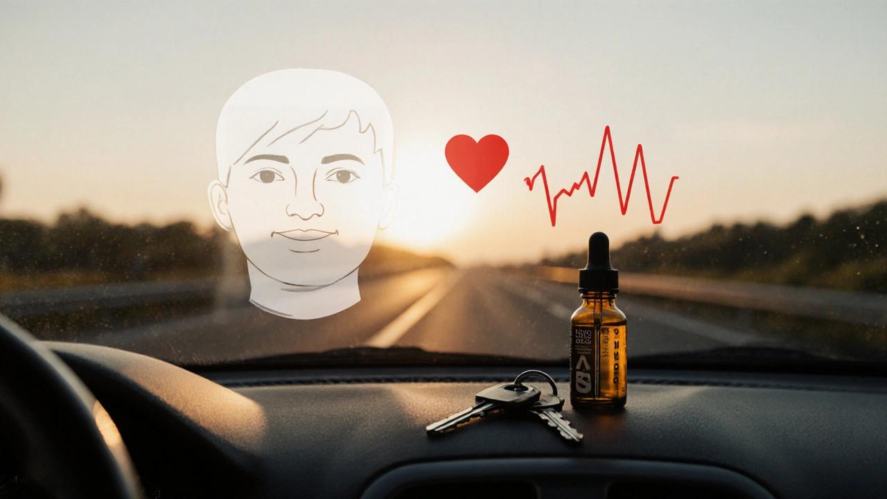 Schlüssel und CBD-Öl auf dem Armaturenbrett, symbolischer Wechsel von Angst zu Ruhe bei Sonnenuntergang.