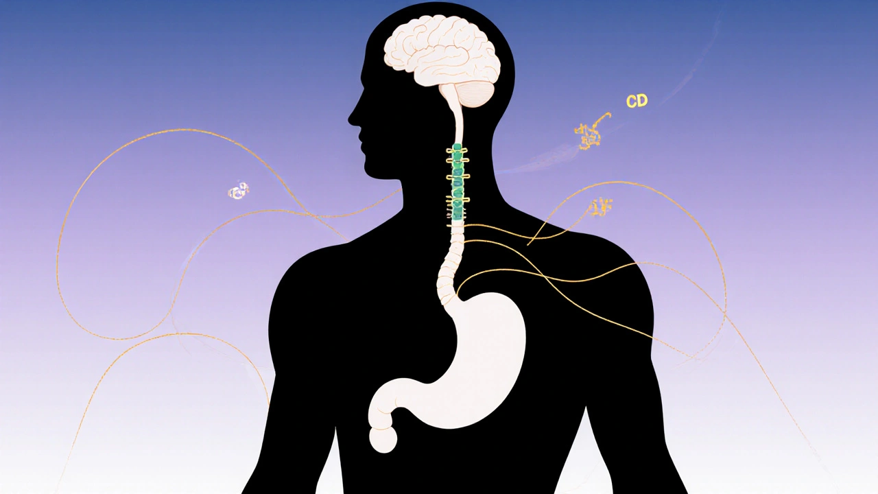 Silhouettierter menschlicher Körper mit goldenen Pfaden, die CBD im Körper zeigen.