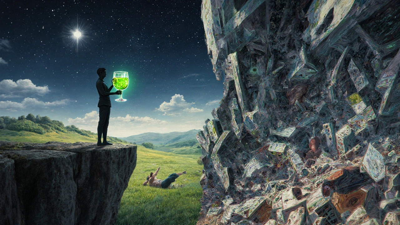 Surreales Bild: Eine Person hält ein leuchtendes Absinthglas, während sich die Welt in Ruhe und Chaos teilt.