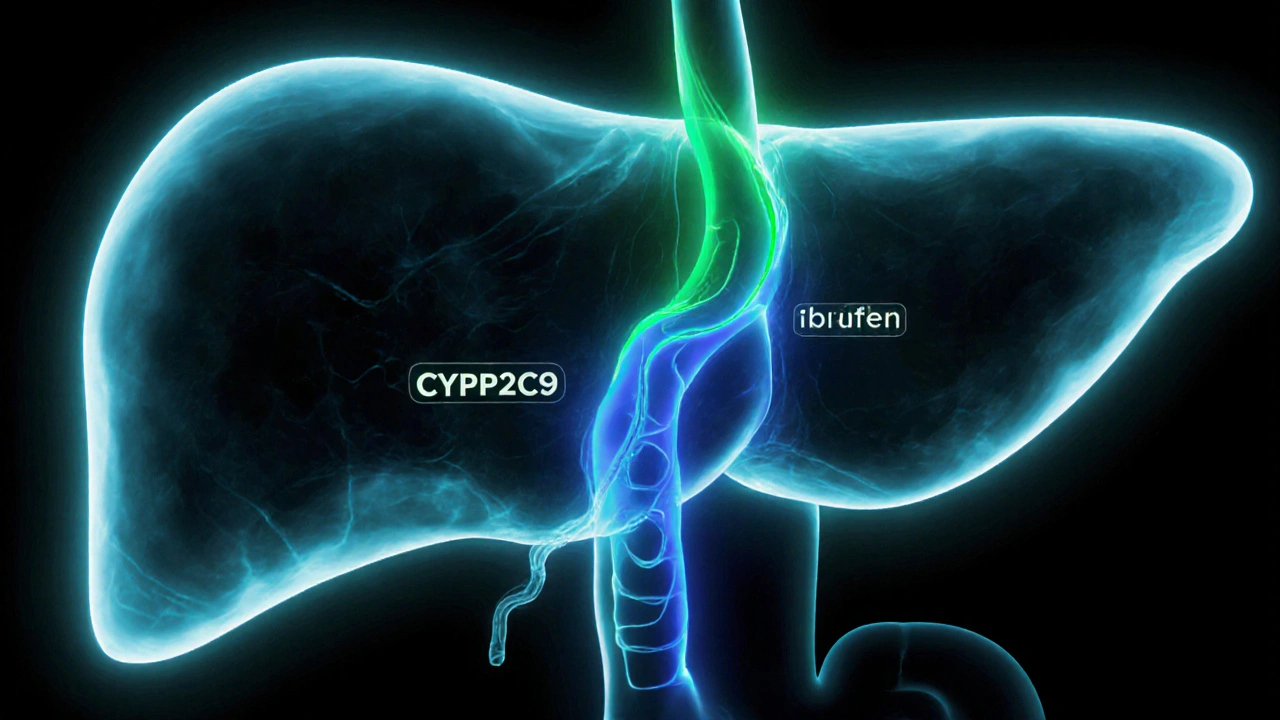 Transluzente Leber mit zwei Flüssen aus CBD und Ibuprofen, die an einem enzymatischen Engpass konkurrieren.