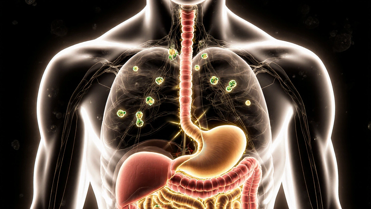 Transparenz-Darstellung der CBD-Bewegung vom Magen über die Leber ins Blut.