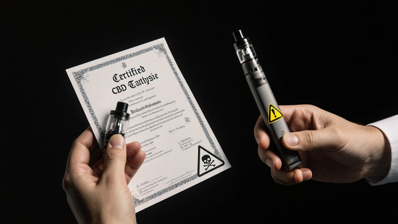 Vergleich: hochwertige CBD-Kartusche mit Laborzertifikat vs. riskantes, unmarkiertes Produkt.