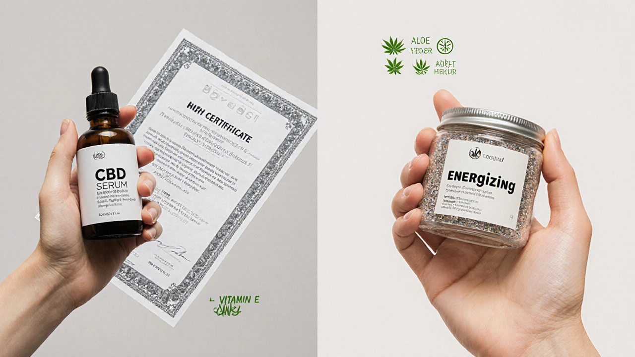 Vergleich von hochwertigem CBD-Serum und billiger Kosmetik mit irreführender Werbung