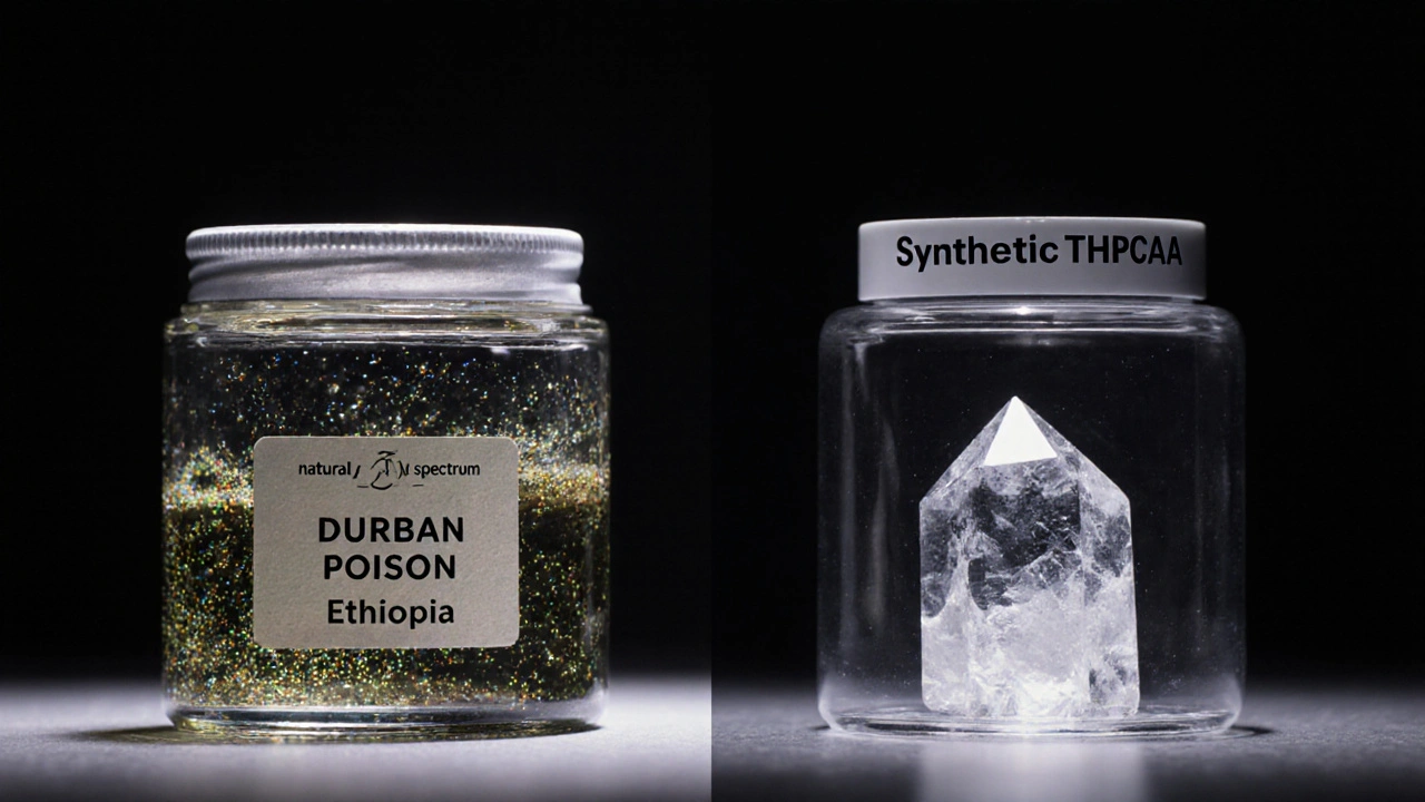 Vergleich von natürlichem Cannabis-Extrakt und synthetischem THCVA in zwei Gläsern.