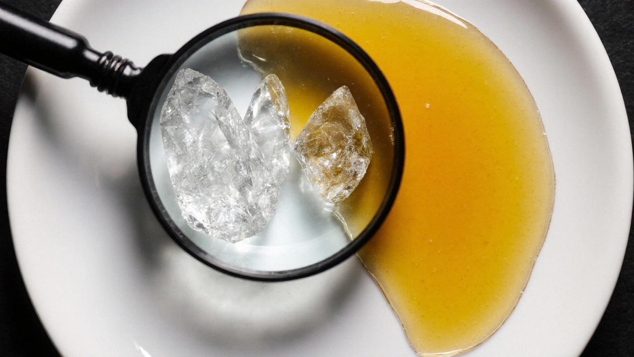 Vergleich von reinen CBD-Kristallen und öligem CBD-Extrakt auf Keramikplatte.