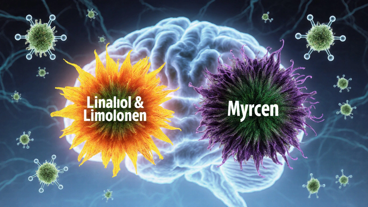 Zwei cannabis-Blüten mit unterschiedlichen Terpenen schweben neben molekularen Strukturen.