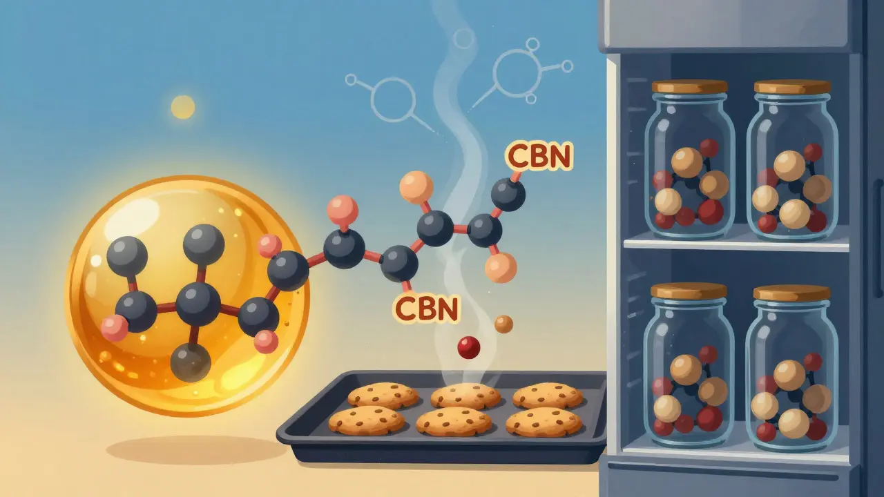 Abstrakte Darstellung von CBD-Molekülen, die bei Hitze in andere Verbindungen zerfallen, während kühle Lagerung sie erhält.
