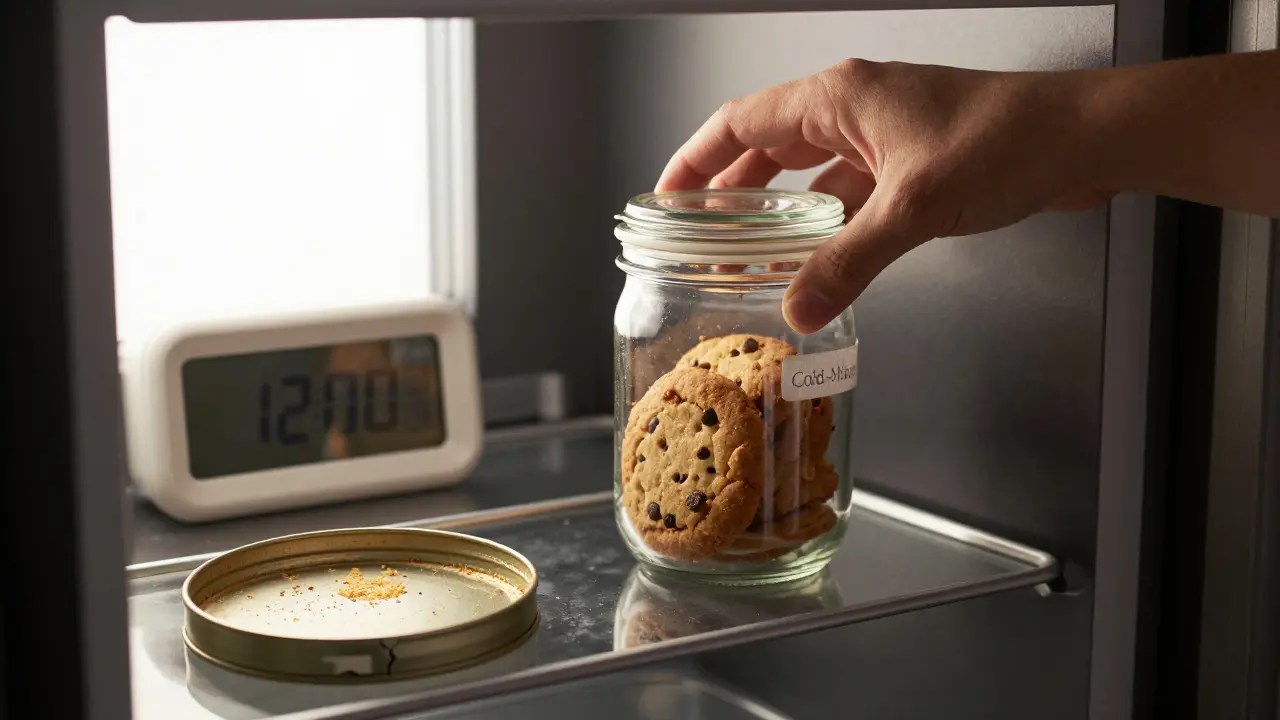 CBD-Keks in einem luftdichten Glas im Kühlschrank, neben einer offenen, leeren Keksdose mit Sonnenlicht.