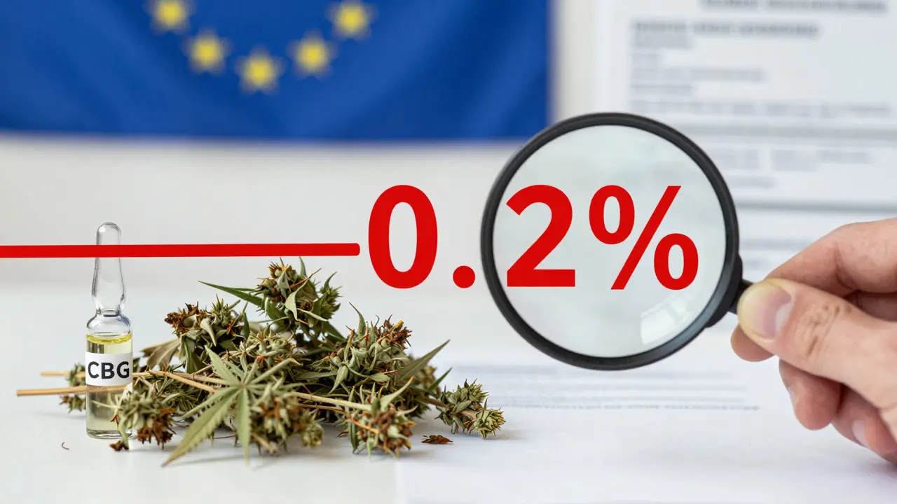 CBG-Ölfläschchen neben Hanfpflanzen und Mikroskopansicht der Haut mit 0,2%-Grenze