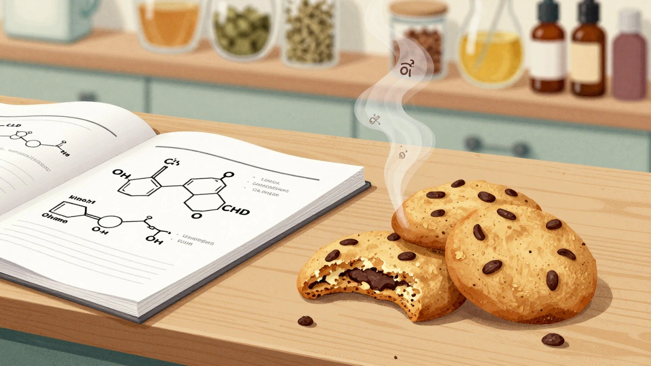 Drei CBD-Cookies auf Holzplatte neben einem Laborbericht, ein Cookie ist gebissen, Dämpfe mit Pflanzenstoffen steigen auf.