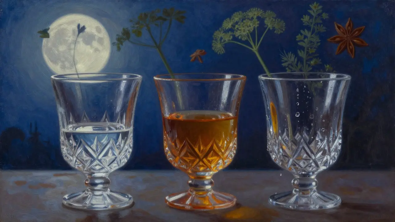 Drei Gläser mit Absinth: klarer Konzentrat, getrübter getränkter Absinth und ein beschlagenes leeres Glas.