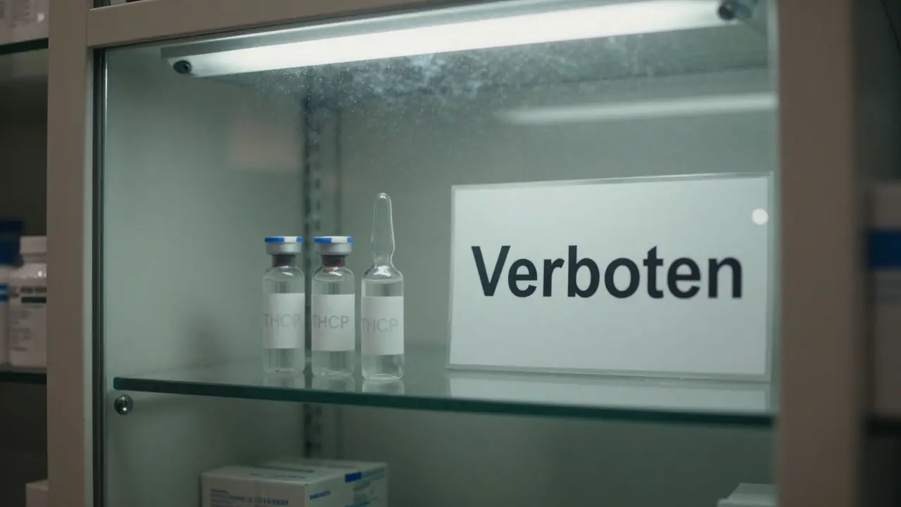 Drei unbeschriftete Fläschchen mit THCP in einer deutschen Apotheke, neben einem Verbotsschild.