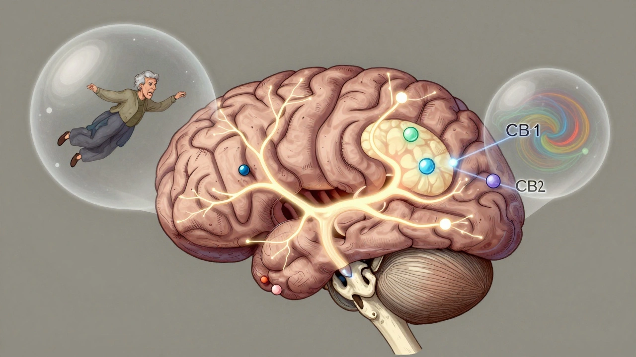 Ein Gehirn im REM-Schlaf mit aktivierten Nervenbahnen und CBN-Molekülen, die auf Rezeptoren wirken, umgeben von traumhaften Bildern.