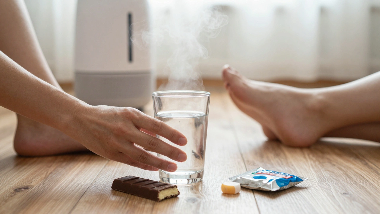 Ein Glas Wasser und snackbarer Snack auf dem Boden, ein Luftbefeuchter vernebelt sanft die Luft.