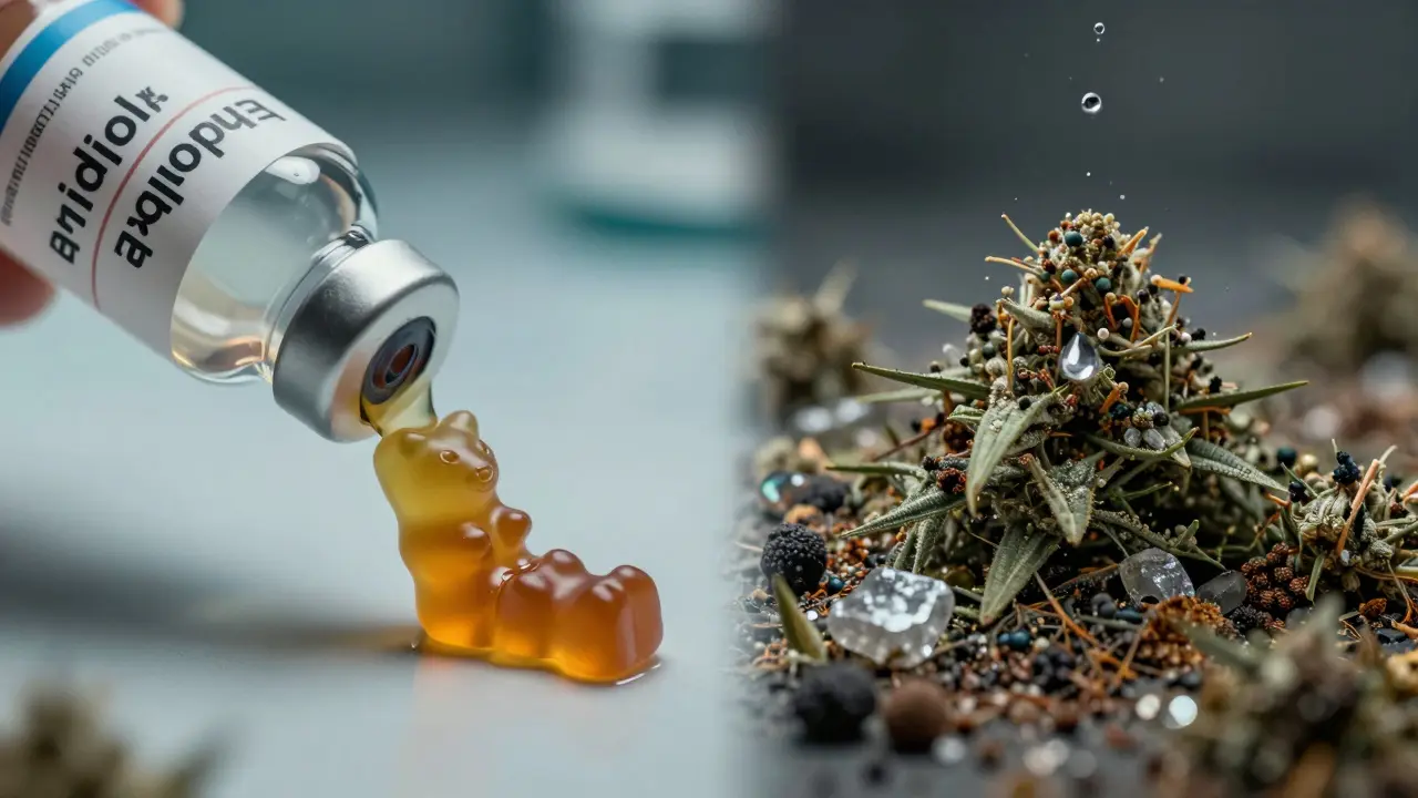 Ein Gummibärchen, das sich in eine medizinische Flasche und giftige Substanzen auflöst.